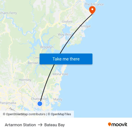 Artarmon Station to Bateau Bay map
