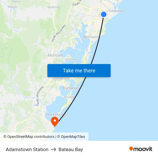 Adamstown Station to Bateau Bay map