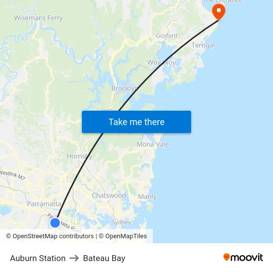 Auburn Station to Bateau Bay map