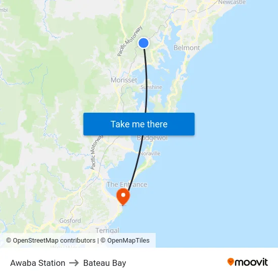 Awaba Station to Bateau Bay map