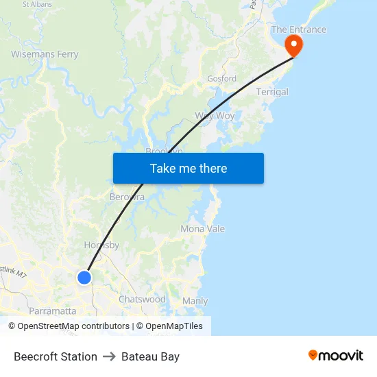 Beecroft Station to Bateau Bay map
