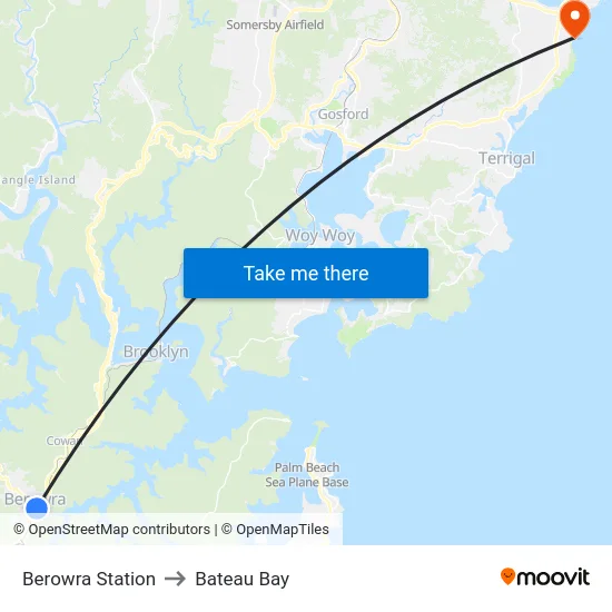 Berowra Station to Bateau Bay map