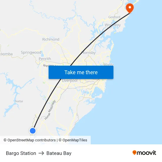 Bargo Station to Bateau Bay map