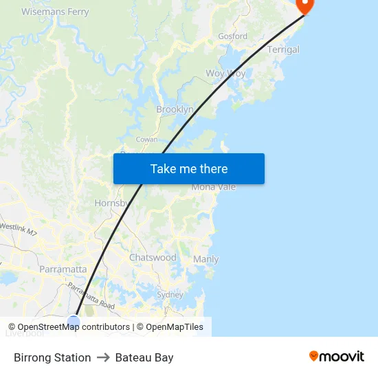 Birrong Station to Bateau Bay map