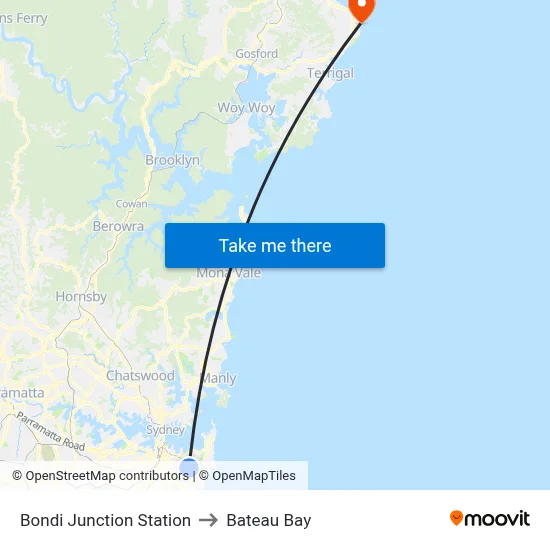 Bondi Junction Station to Bateau Bay map
