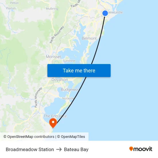 Broadmeadow Station to Bateau Bay map