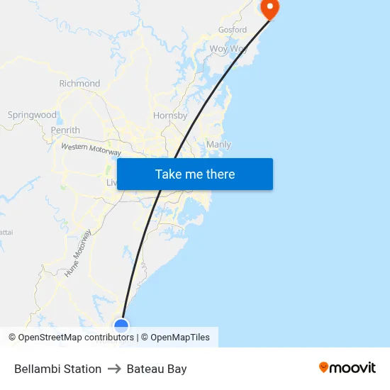 Bellambi Station to Bateau Bay map