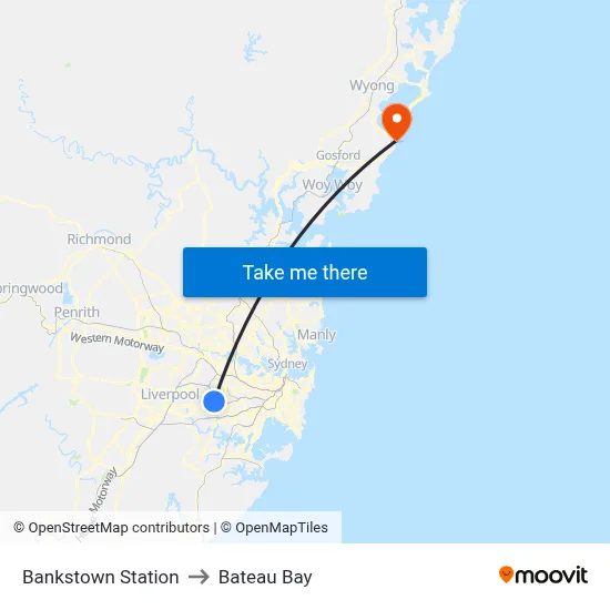 Bankstown Station to Bateau Bay map