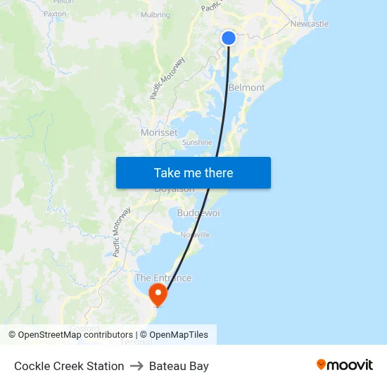 Cockle Creek Station to Bateau Bay map