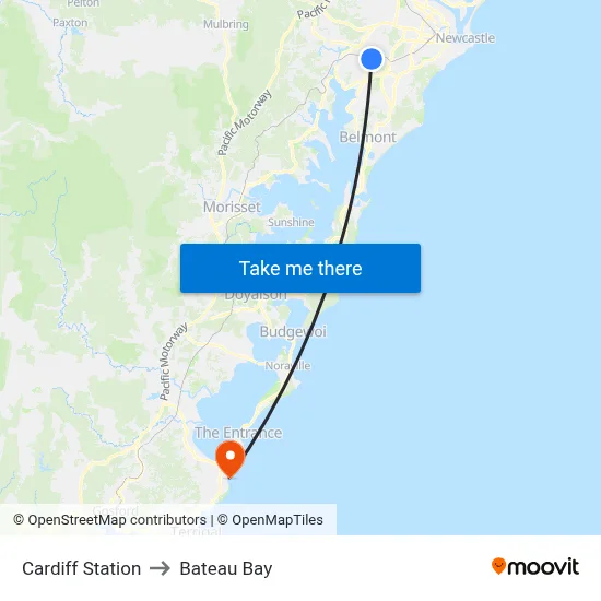 Cardiff Station to Bateau Bay map