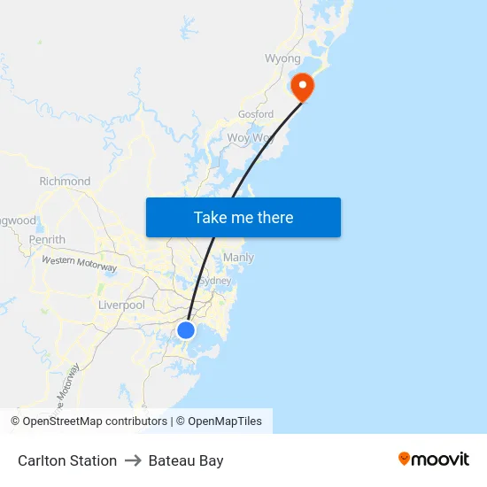 Carlton Station to Bateau Bay map