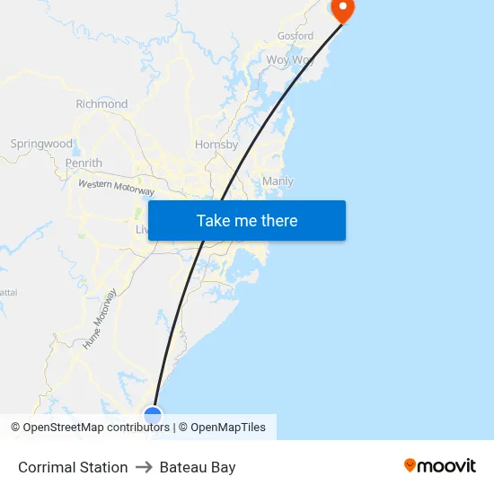Corrimal Station to Bateau Bay map