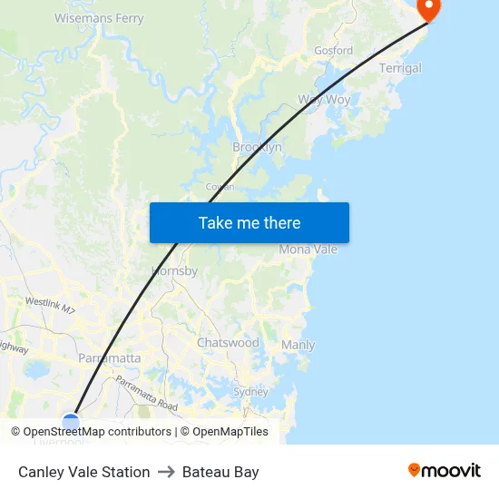 Canley Vale Station to Bateau Bay map