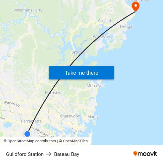 Guildford Station to Bateau Bay map