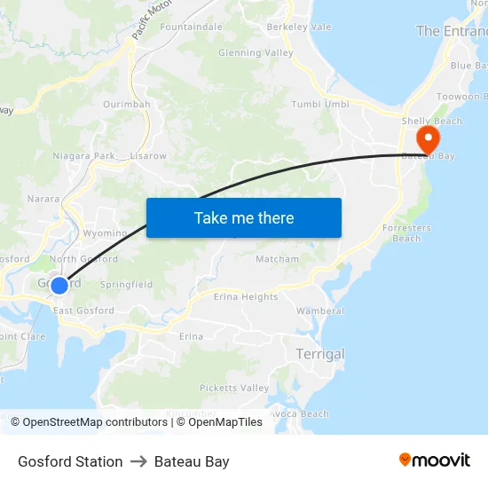 Gosford Station to Bateau Bay map