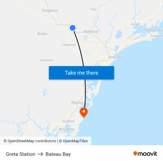 Greta Station to Bateau Bay map