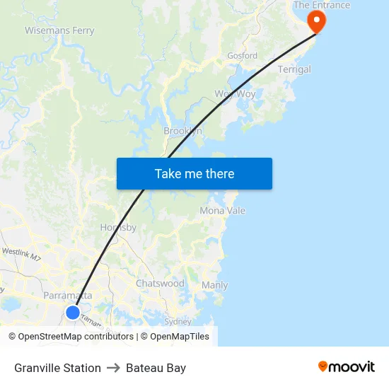 Granville Station to Bateau Bay map