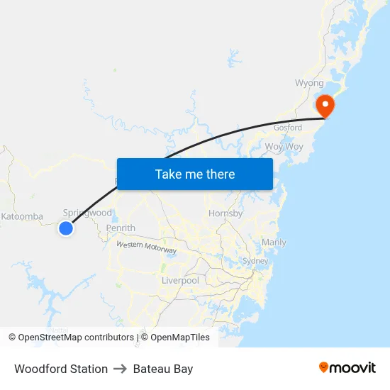 Woodford Station to Bateau Bay map