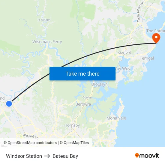 Windsor Station to Bateau Bay map