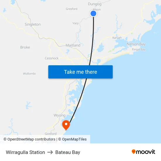 Wirragulla Station to Bateau Bay map