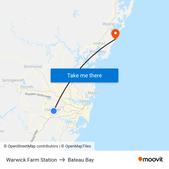 Warwick Farm Station to Bateau Bay map