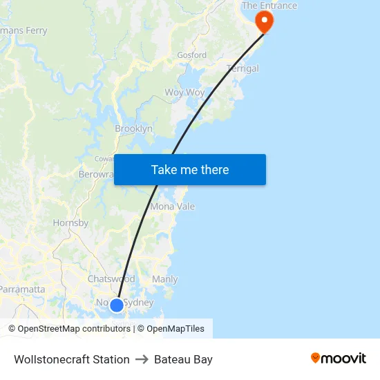 Wollstonecraft Station to Bateau Bay map