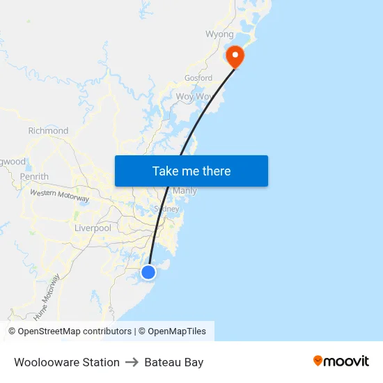 Woolooware Station to Bateau Bay map