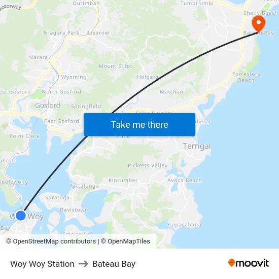 Woy Woy Station to Bateau Bay map