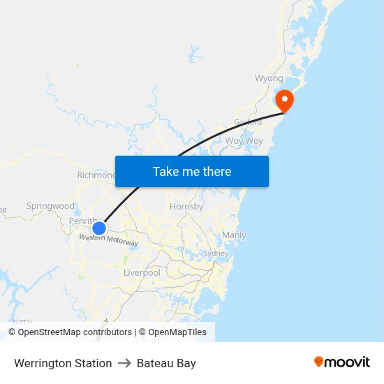 Werrington Station to Bateau Bay map