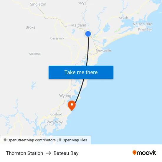 Thornton Station to Bateau Bay map