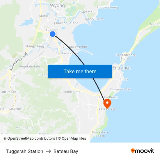 Tuggerah Station to Bateau Bay map