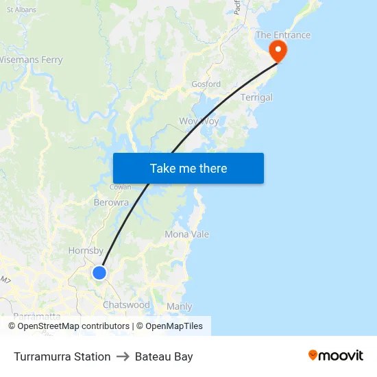 Turramurra Station to Bateau Bay map