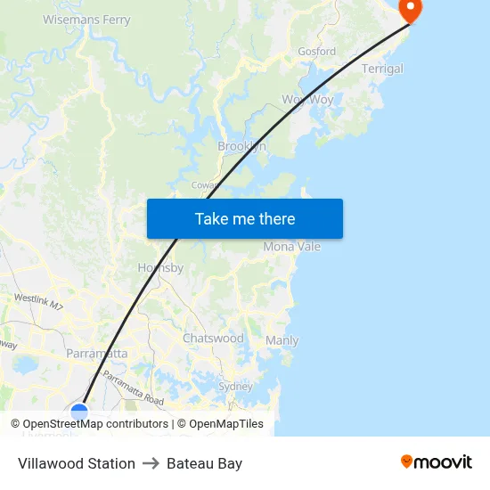 Villawood Station to Bateau Bay map