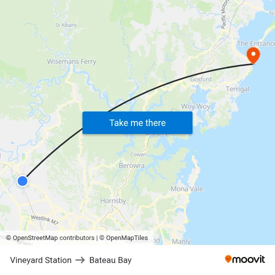 Vineyard Station to Bateau Bay map