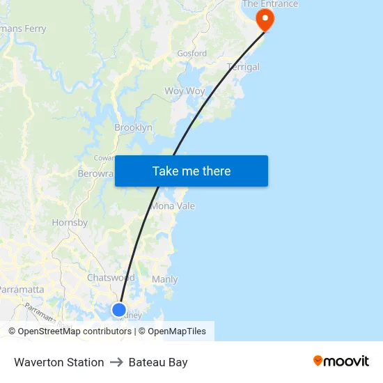 Waverton Station to Bateau Bay map