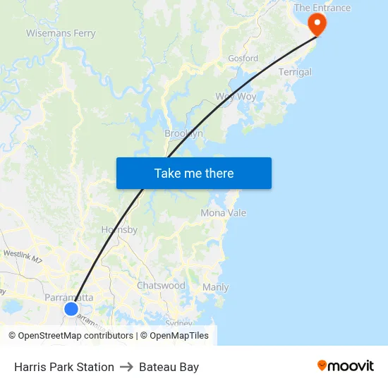 Harris Park Station to Bateau Bay map