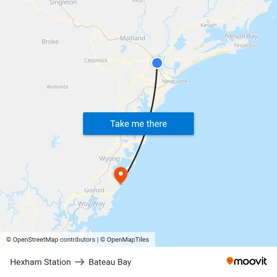 Hexham Station to Bateau Bay map