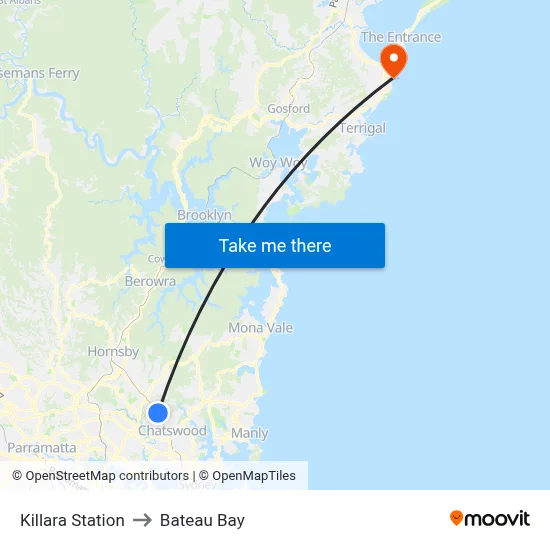 Killara Station to Bateau Bay map