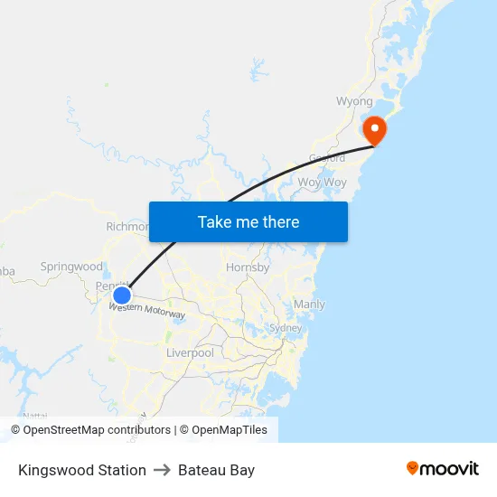 Kingswood Station to Bateau Bay map