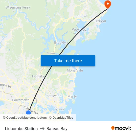 Lidcombe Station to Bateau Bay map