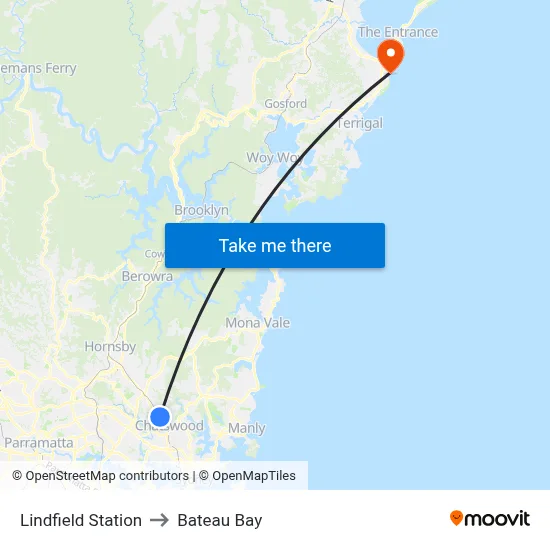 Lindfield Station to Bateau Bay map
