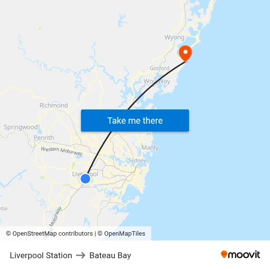 Liverpool Station to Bateau Bay map