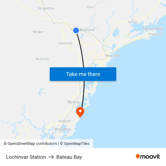 Lochinvar Station to Bateau Bay map