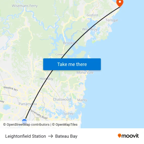 Leightonfield Station to Bateau Bay map