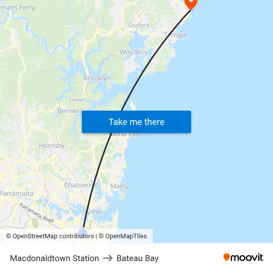 Macdonaldtown Station to Bateau Bay map