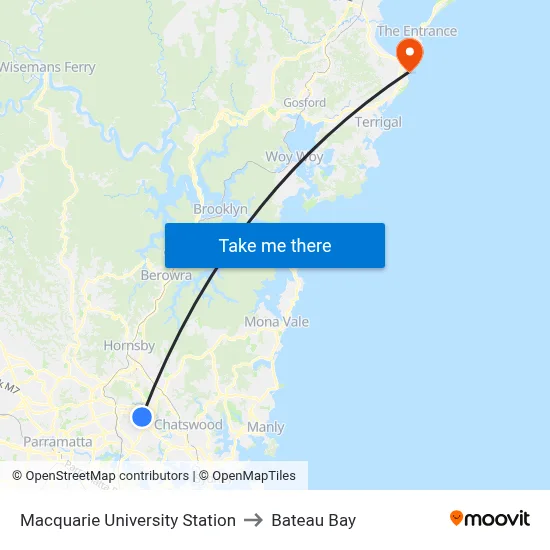 Macquarie University Station to Bateau Bay map