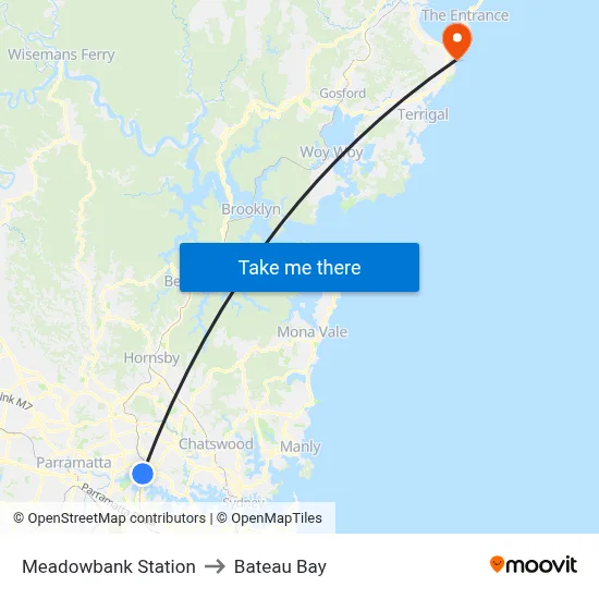 Meadowbank Station to Bateau Bay map