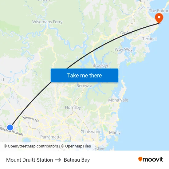 Mount Druitt Station to Bateau Bay map