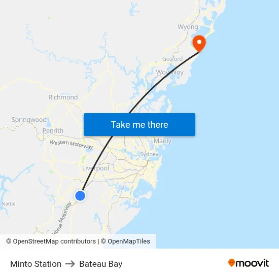 Minto Station to Bateau Bay map