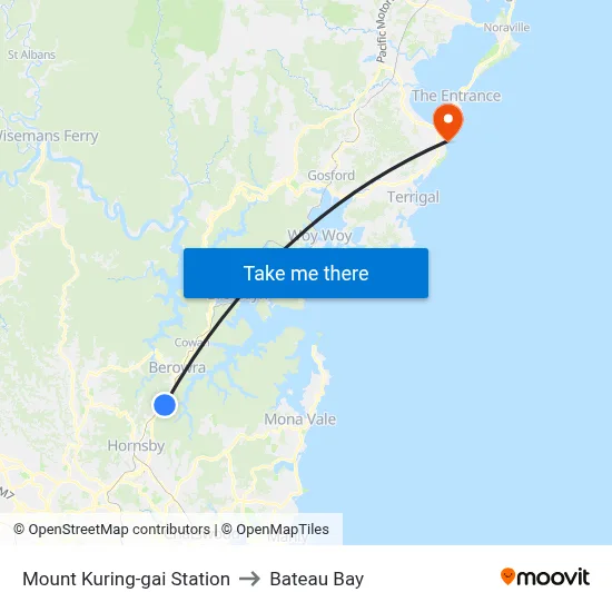 Mount Kuring-gai Station to Bateau Bay map